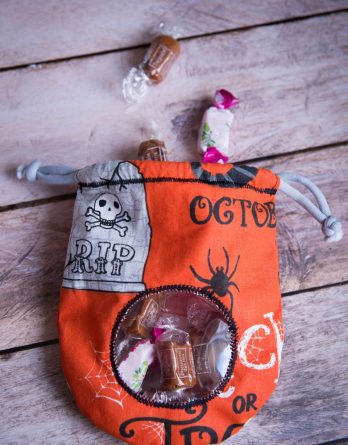 Kit couture petit pochon à bonbons - Bonbons et personnages d'halloween cordon coton gris