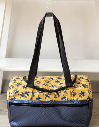 Le kit de couture sac Hugo (tailles 1 et 2)  - Graphique rose poudré et moutarde /fond de sac épais chiné vintage moutarde ou ocre
