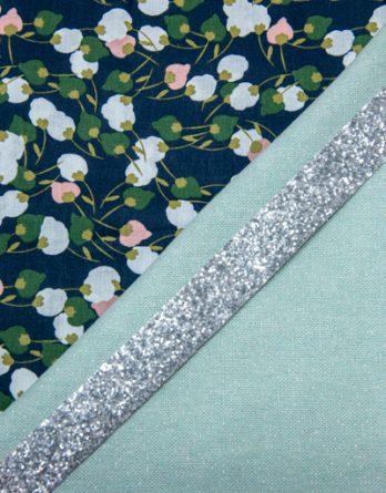 Kit couture panière MAYA combiné 2 panières (1 taille 1 + 1 taille 2) - coloris fleurs de coton fond bleu nuit/toile pailletée céladon