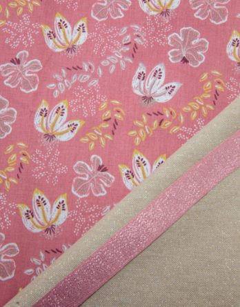 Kit couture panière MAYA taille 3- coloris fleurs bohèmes fond rose tendre/ toile pailleté or