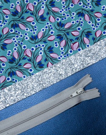 Le kit de couture MINI trousse NINA CHIC -Fleurs rose et bleu fond vert d'eau /simili cuir bleu brillant