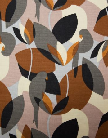 Tissu toile de coton demi-natté - Mélange de motifs graphique et perruches tons marron,gris,ocre et noir