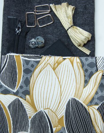 Kit de couture sac Louise (taille 1 ou 2) - Nénuphars fond noir / toile Olbia carbonne