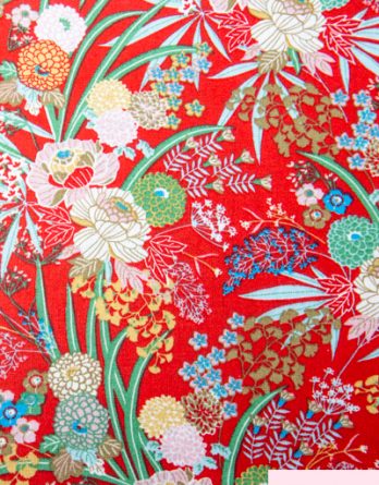 Coupon de tissu coton - Fleurs du Japon Vert fond Rouge - OEKO-TEX