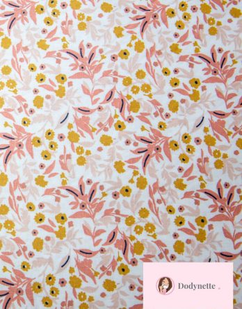 Coupon de tissu enduit coton - Mini fleurs roses et moutarde