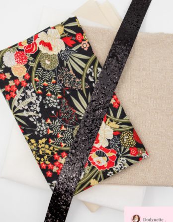 Kit couture panière MAYA combiné 2 panières (1 taille 1 + 1 taille 2) - fleurs du japon fond noir/ toile de Savoie pailletée or