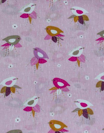 Coupon de tissu coton - Oiseaux multicolores fond rose - OEKO-TEX