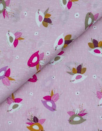 Coupon de tissu coton - Oiseaux multicolores fond rose - OEKO-TEX