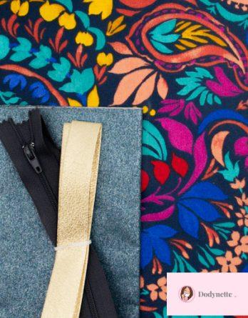 Kit de couture trousse Louisette (Toute taille) - Toile enduit pailleté or/  enduit fleurs du japon bleu - Dodynette