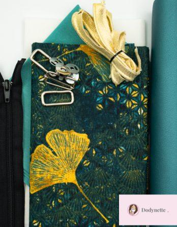 Kit de couture sac Louise (taille 1 ou 2) - Gingko petrole/ simili cuir aqua brillant