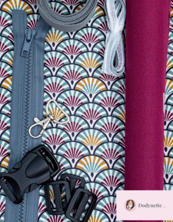 Le kit de couture sac banane Charly  (toutes tailles)  - Tissu enduit Eventail prune, turquoise / toile à sac imperméable prune