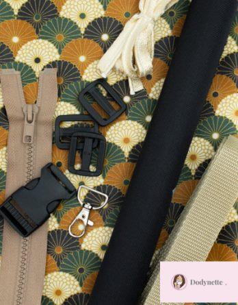 Le kit de couture sac banane Charly  (toutes tailles)  - Tissu enduit Kendji bronze / toile à sac imperméable noire