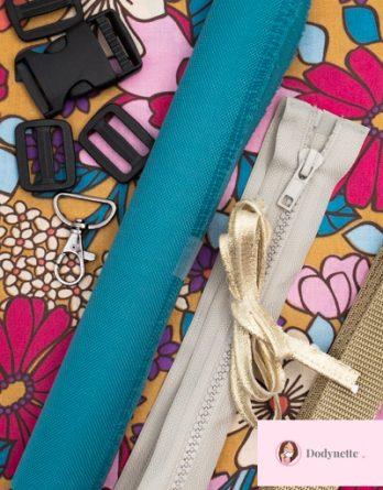 Le kit de couture sac banane Charly  (toutes tailles)  - Tissu enduit Fleurs multicolores fond jaune / toile à sac imperméable turquoise