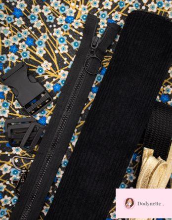 Le kit de couture sac banane Charly  (toutes tailles)  -japan bleu et or / velours côtelé noir