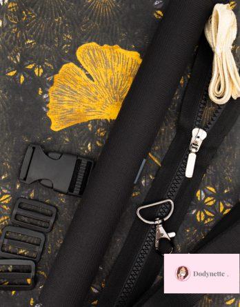 Le kit de couture sac banane Charly  (toutes tailles)  - Tissu enduit Gingko noir / toile à sac imperméable noire