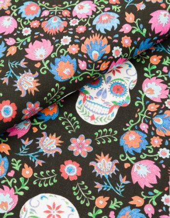 Tissu coton Los muertos noir- par multiple de 50 cm