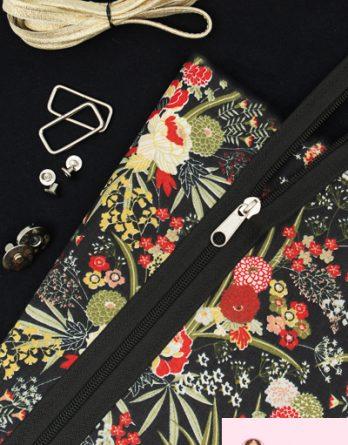 Kit couture: sac Inès (taille 1 à 3) - Fleurs du Japon rouge et suédine noir