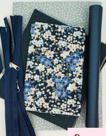 Kit couture trousse Raphaël taille 1 ou2 - Kaito bleu/ velours côtelé bleu marine, simili cuir bleu brillant