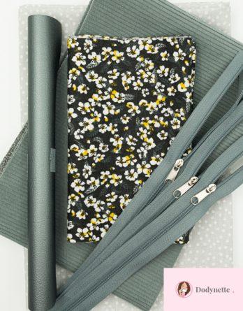 Kit couture trousse Raphaël taille 1 ou2 - Sakura noir/ velours côtelé gris, simili cuir anthracite brillant