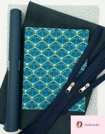 Kit couture trousse Raphaël taille 1 ou2 - Beryl bleu/ velours côtelé bleu marine, simili cuir bleu marine